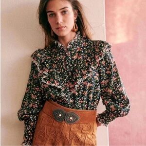 Sezane Agathe Floral Bohemian Lace Trim Blouse